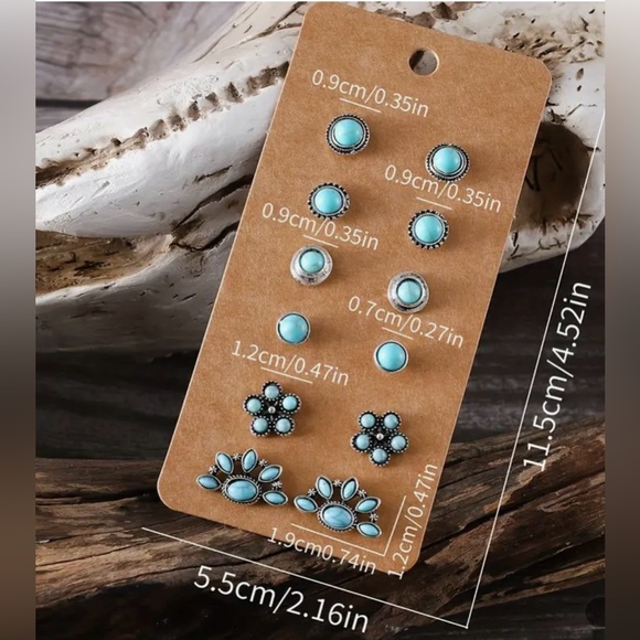 NEW Earrings, Vintage Silvery Look, Western, Faux Turquoise, 6 Sets of Earrings - Picture 2 of 2